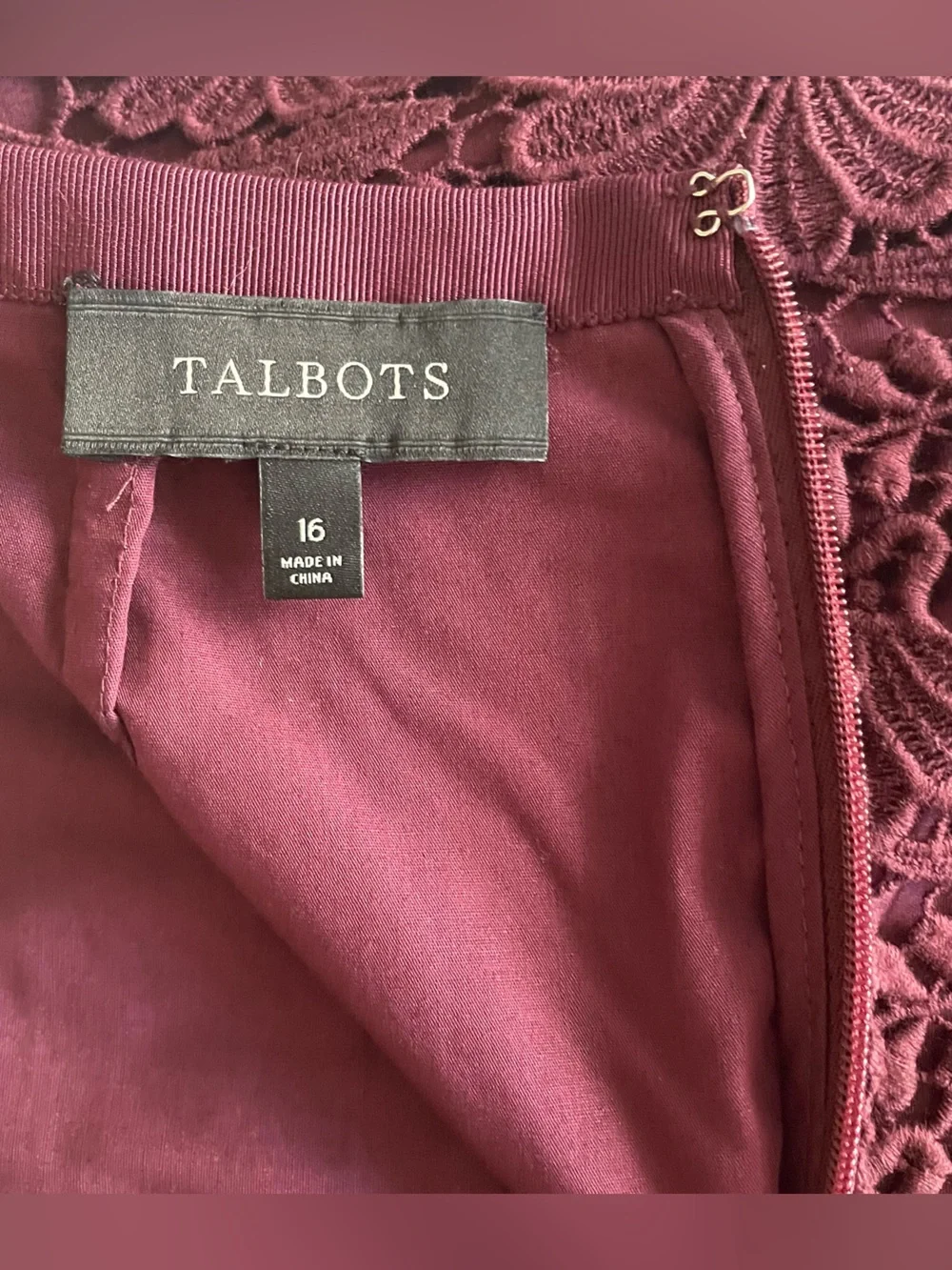 Talbots Burgundy Lined Lace Skirt with Back Zipper and Back Kick Pleat, size 16